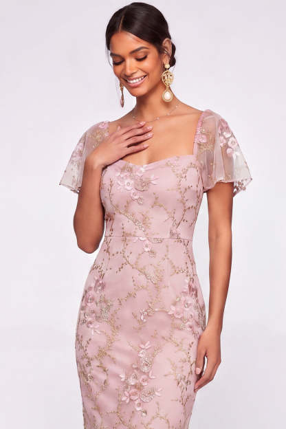 English Rose Floral Sheath Flutter Sleeves Long Wedding Guest Dress