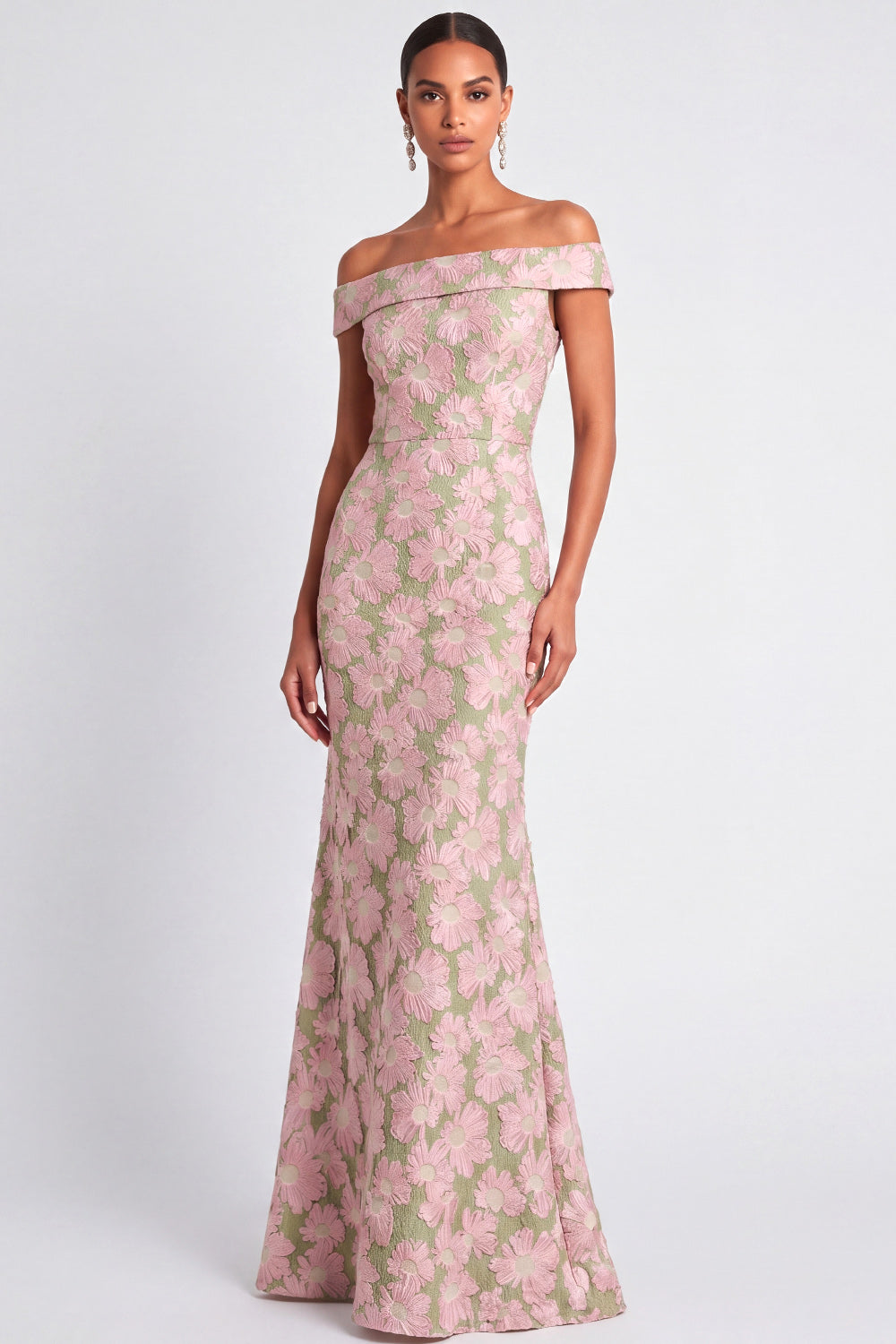 Pink and Green Floral Mermaid Jacquard Off the Shoulder Maxi Wedding Guest Dress