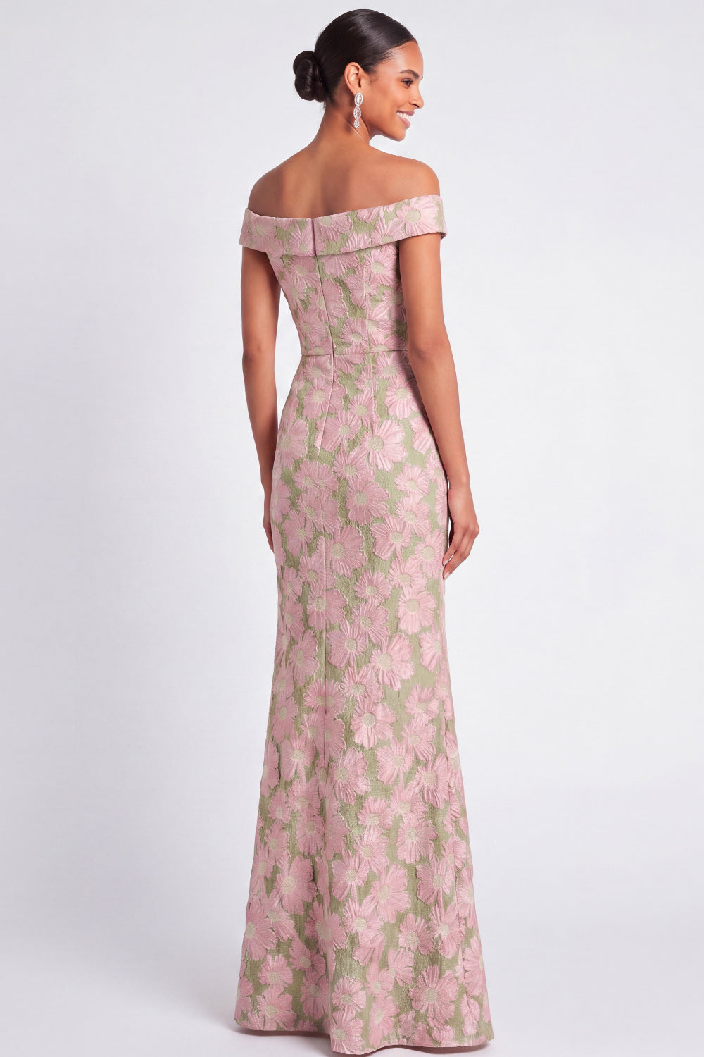 Pink and Green Floral Mermaid Jacquard Off the Shoulder Maxi Wedding Guest Dress