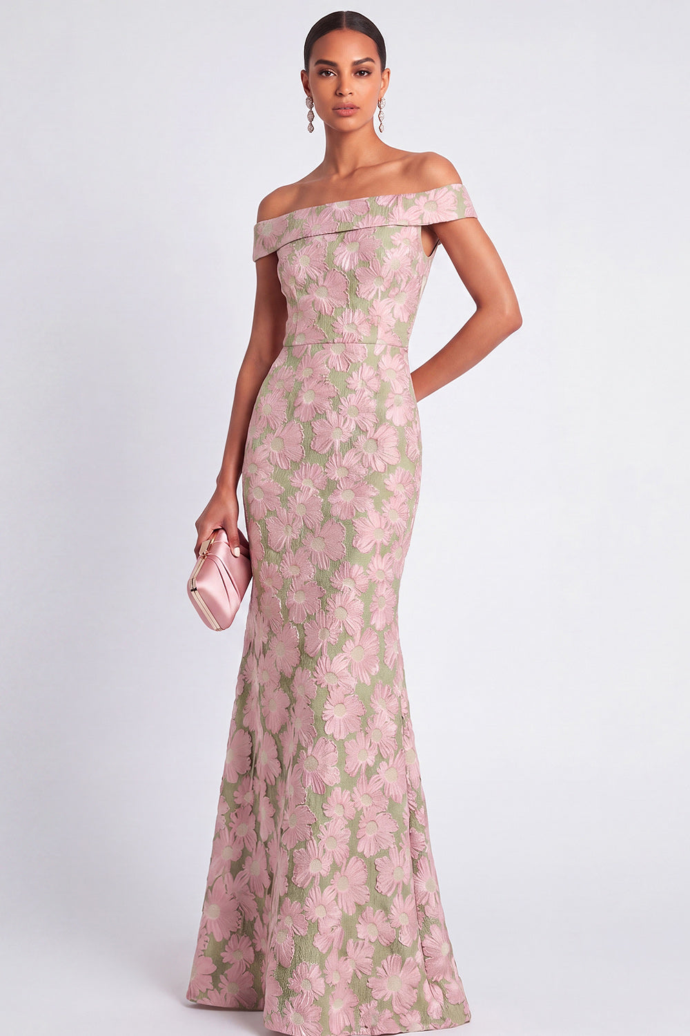 Pink and Green Floral Mermaid Jacquard Off the Shoulder Maxi Wedding Guest Dress
