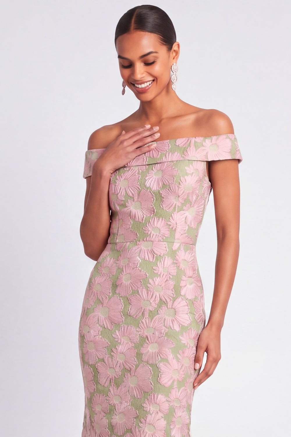Pink and Green Floral Mermaid Jacquard Off the Shoulder Maxi Wedding Guest Dress