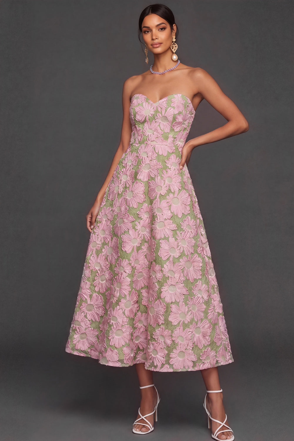 Floral Pink and Green A Line Sweetheart Long Wedding Guest Dress