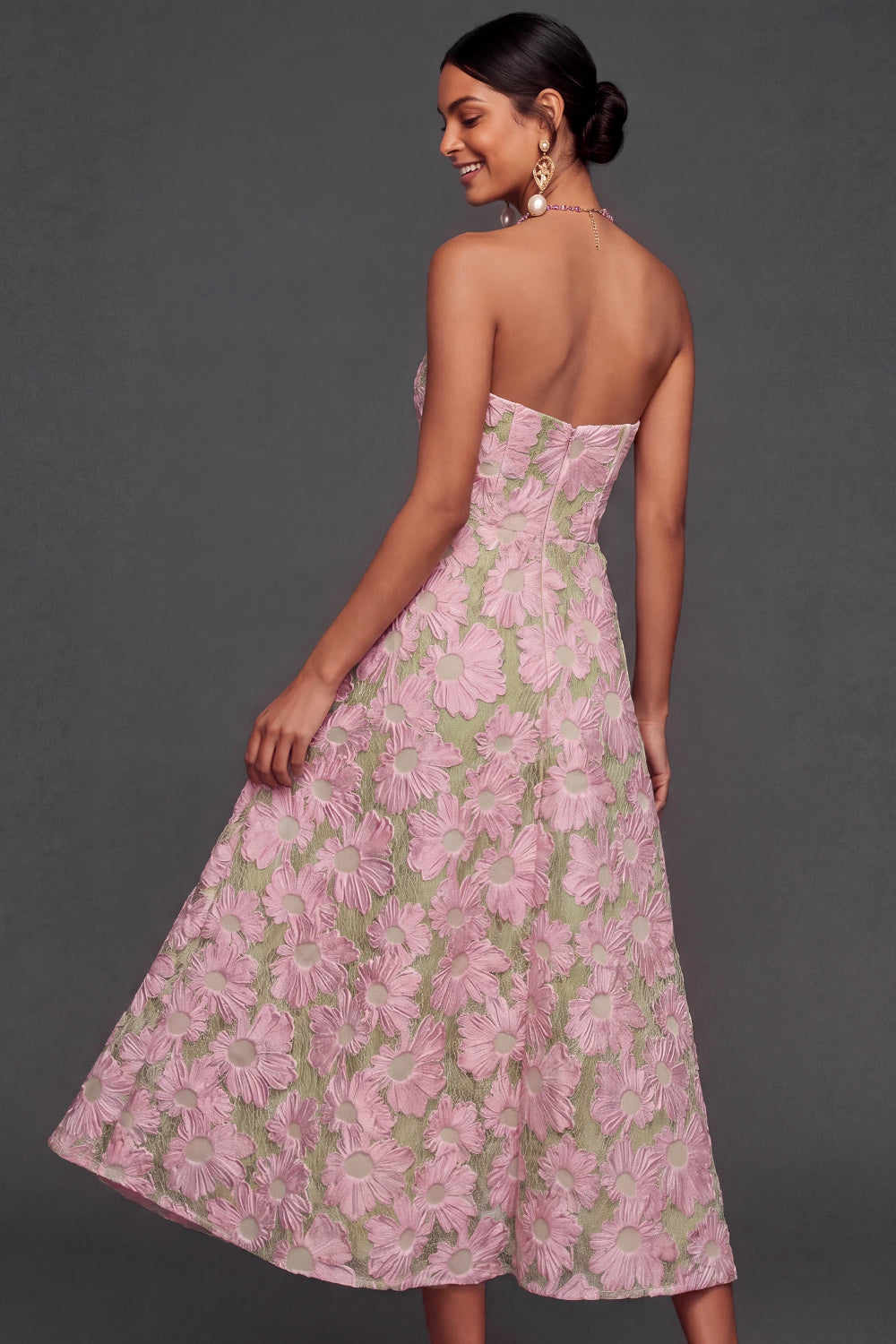 Floral Pink and Green A Line Sweetheart Long Wedding Guest Dress