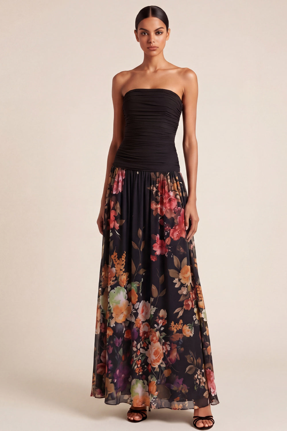 Black Floral A Line Strapless Long Wedding Guest Dress