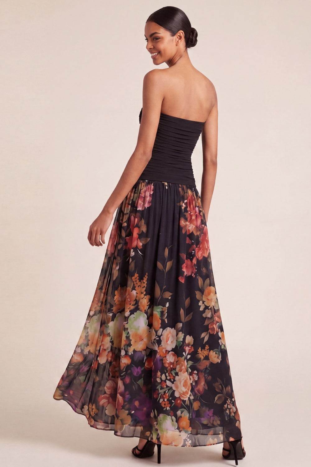 Black Floral A Line Strapless Long Wedding Guest Dress