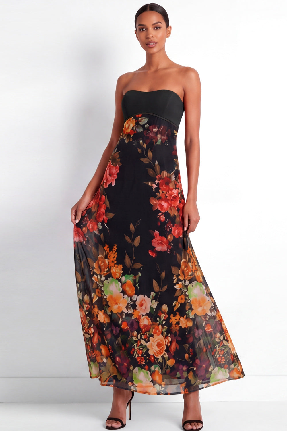 Black Floral A Line Long Strapless Wedding Guest Dress