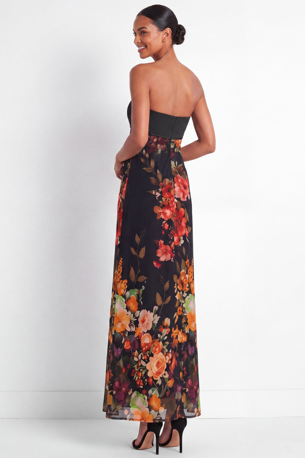 Black Floral A Line Long Strapless Wedding Guest Dress