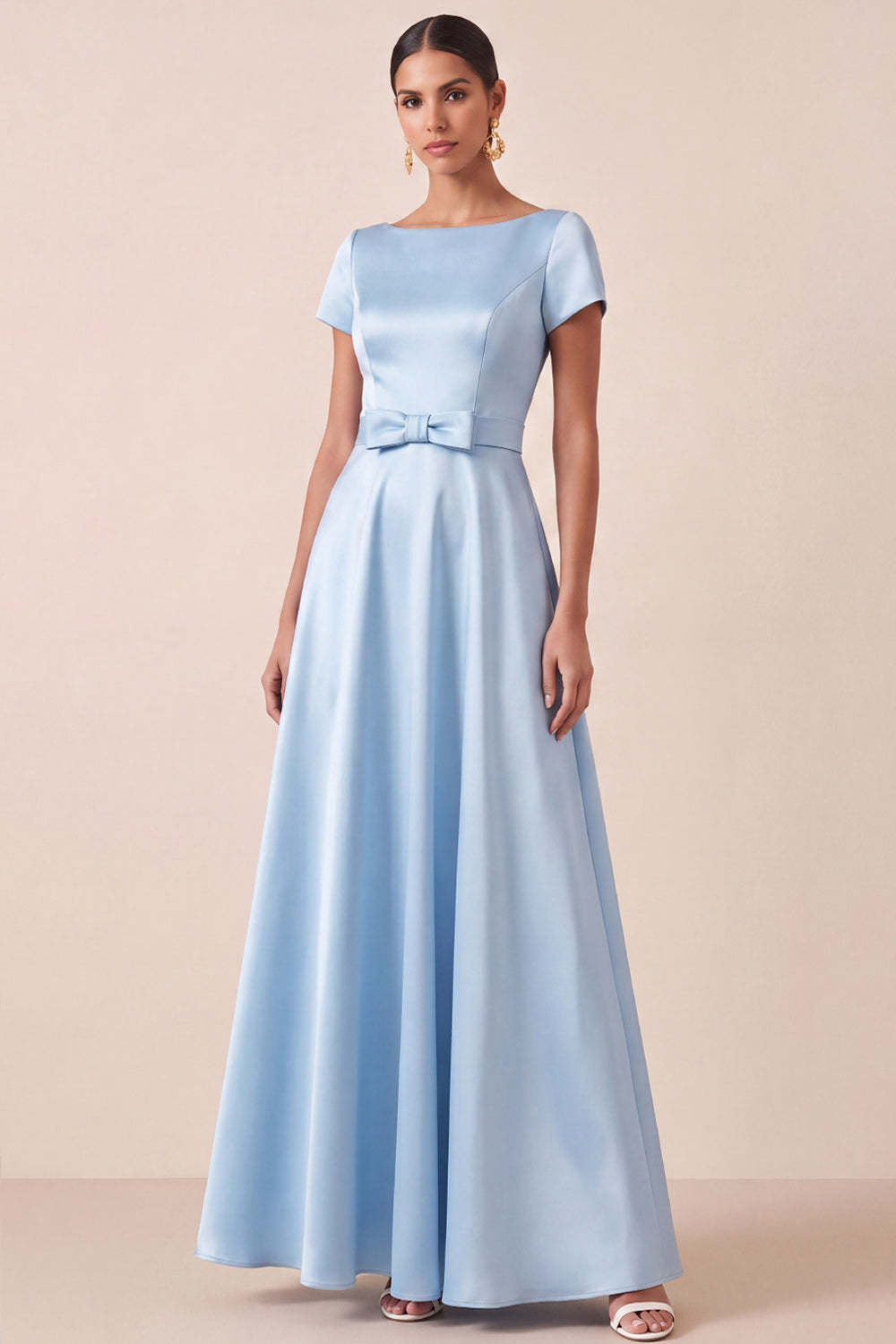 Leely Women A Line Light Blue Satin Long Wedding Guest Dress Short Sleeves Round Neck Formal Dress