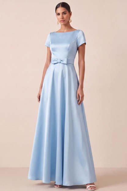 Leely Women A Line Light Blue Satin Long Wedding Guest Dress Short Sleeves Round Neck Formal Dress