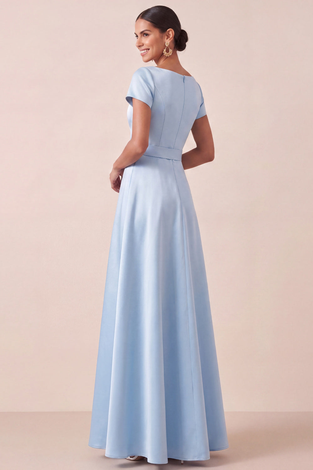 A Line Light Blue Satin Short Sleeves Long Wedding Guest Dress