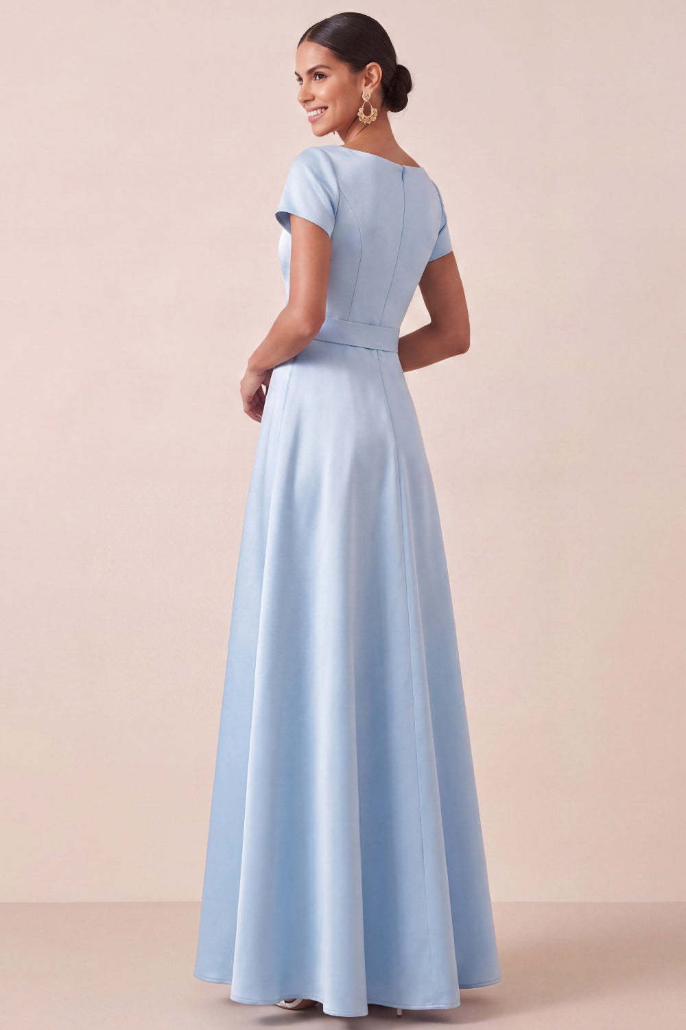 A Line Light Blue Satin Short Sleeves Long Wedding Guest Dress