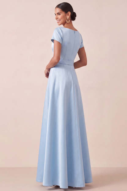 A Line Light Blue Satin Short Sleeves Long Wedding Guest Dress
