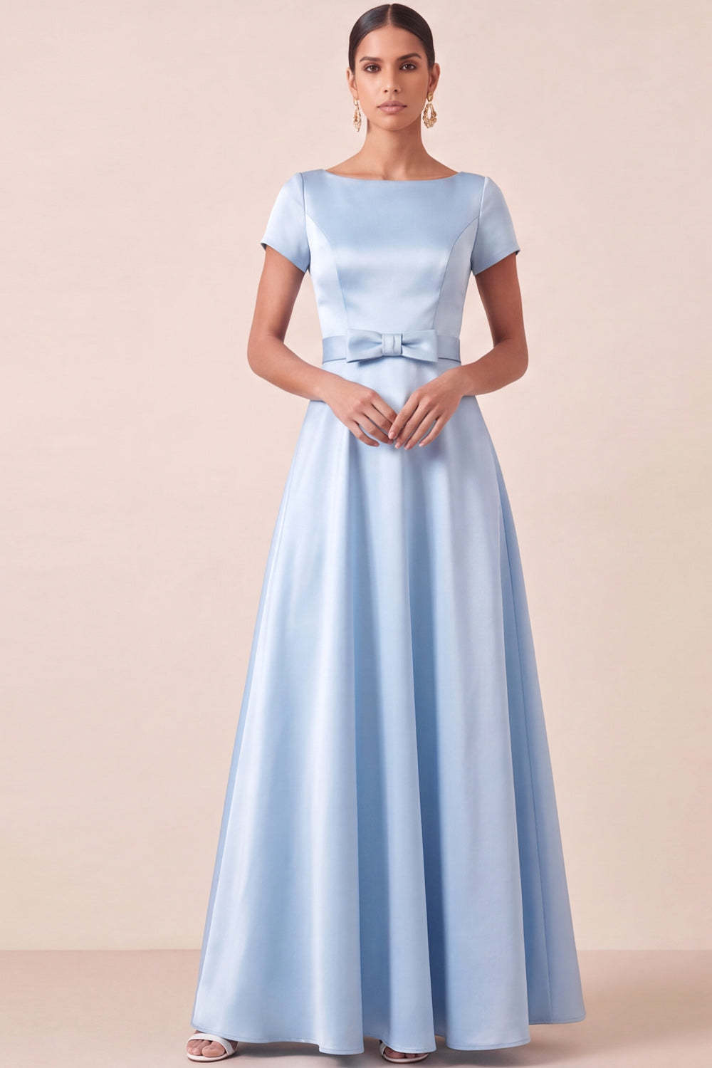 A Line Light Blue Satin Short Sleeves Long Wedding Guest Dress