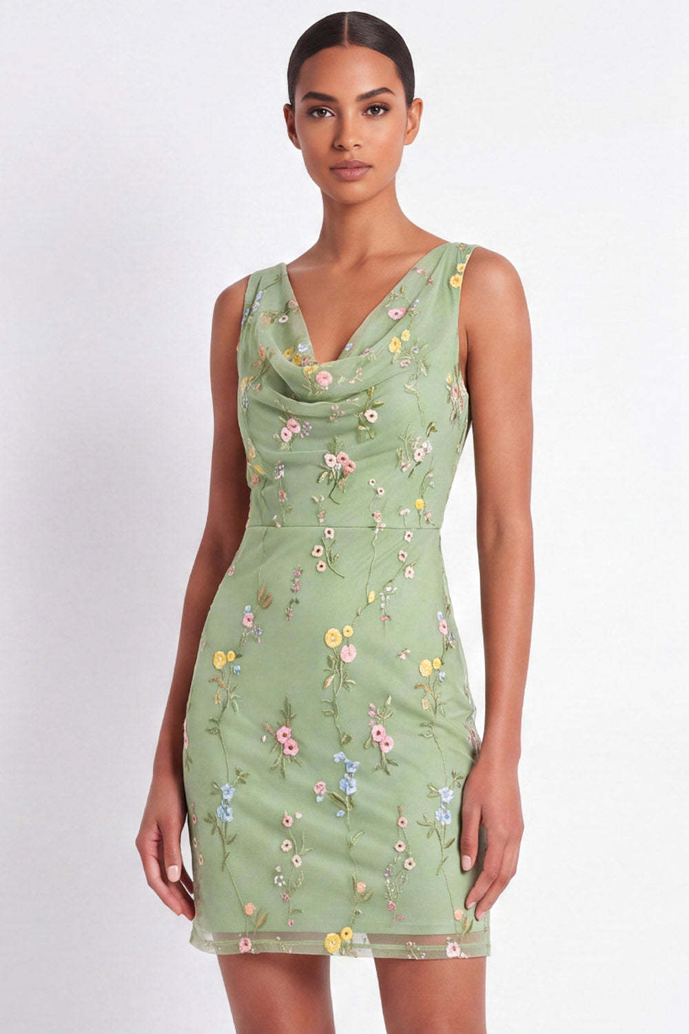 Leely Women Green Floral Bodycon Appliqued Short Wedding Guest Dress Cowl Neck Sleeveless Formal Dress
