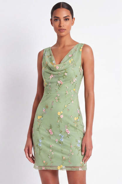 Leely Women Green Floral Bodycon Appliqued Short Wedding Guest Dress Cowl Neck Sleeveless Formal Dress
