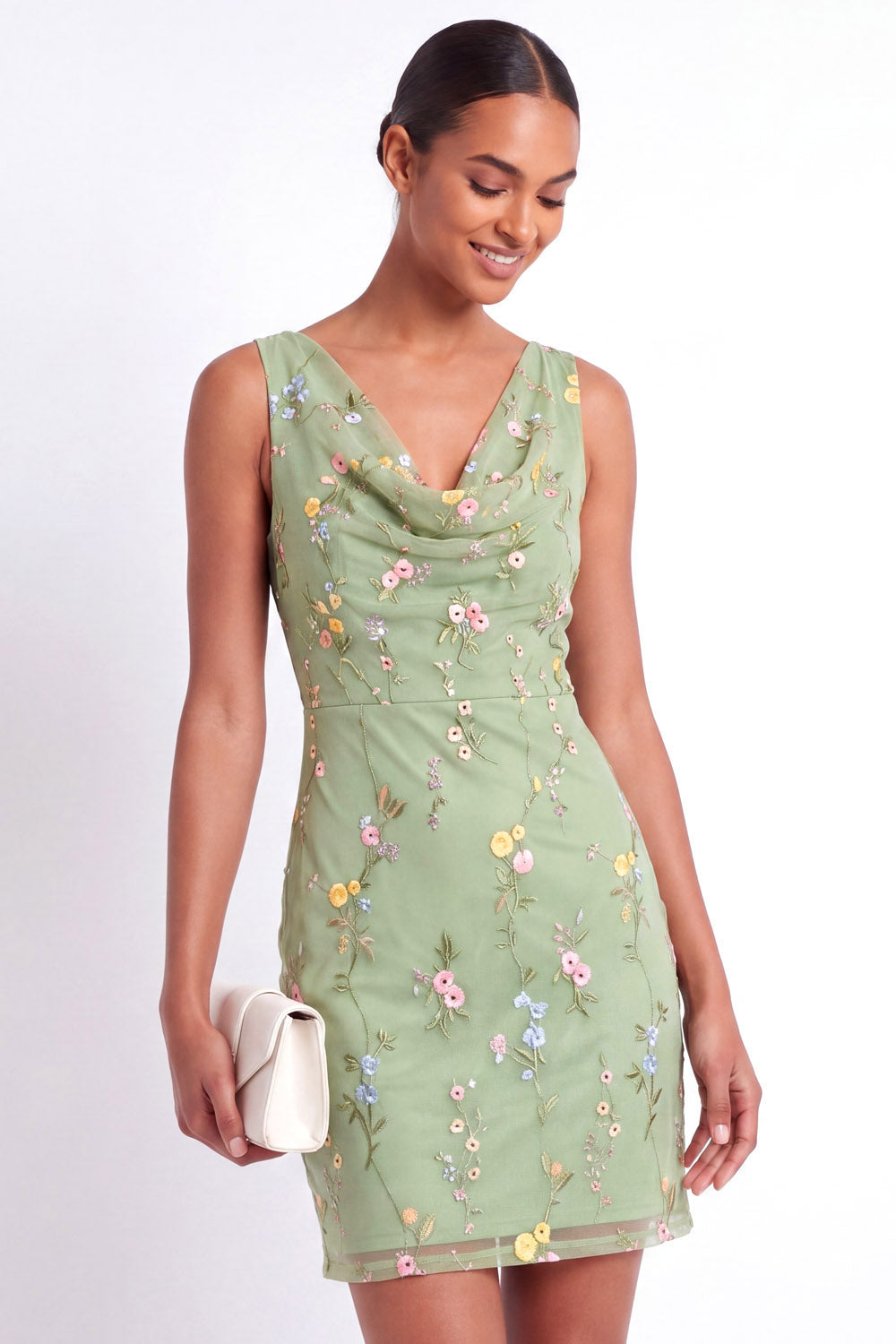 Green Floral Bodycon Appliqued Short Wedding Guest Dress