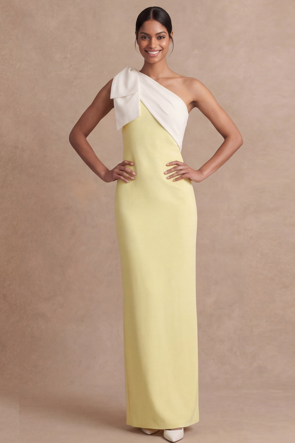 Leely Women Light Yellow Sheath Long Wedding Guest Dress with Bow One Shoulder Sleeveless Formal Dress