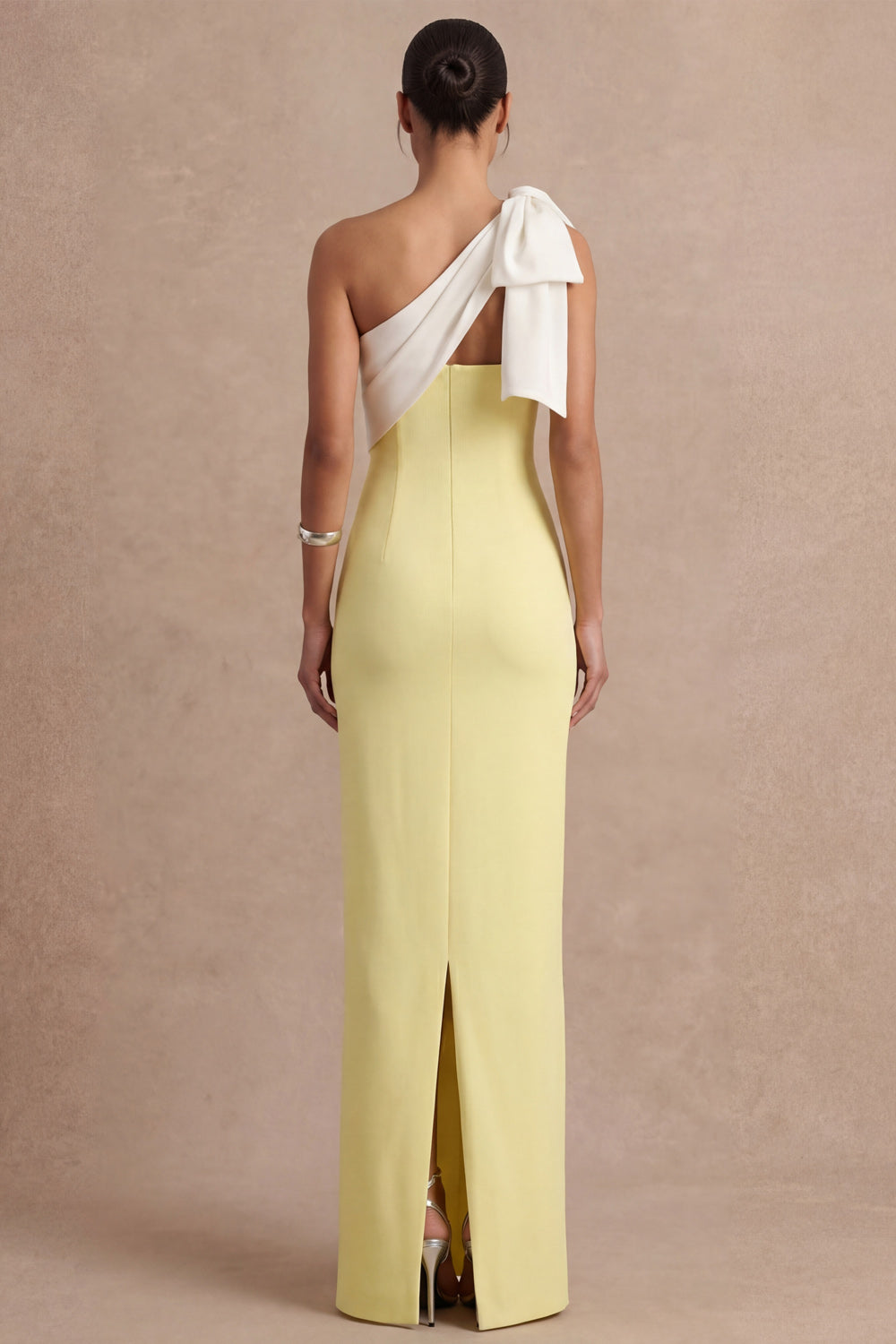 Light Yellow Sheath One Shoulder Long Wedding Guest Dress with Bow