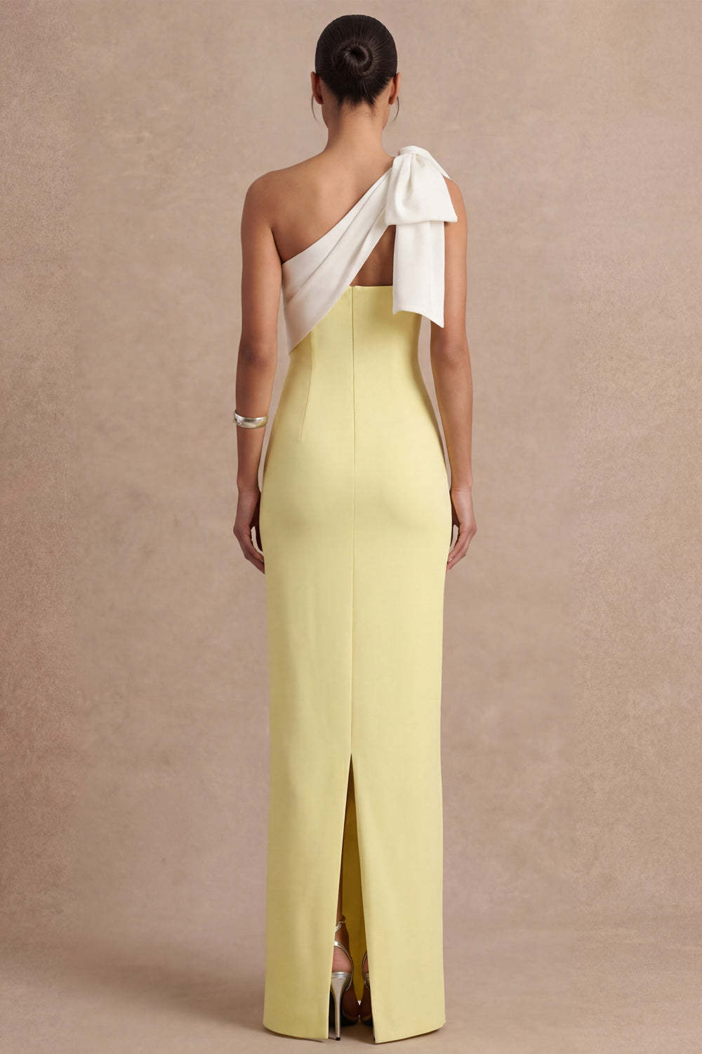 Light Yellow Sheath One Shoulder Long Wedding Guest Dress with Bow
