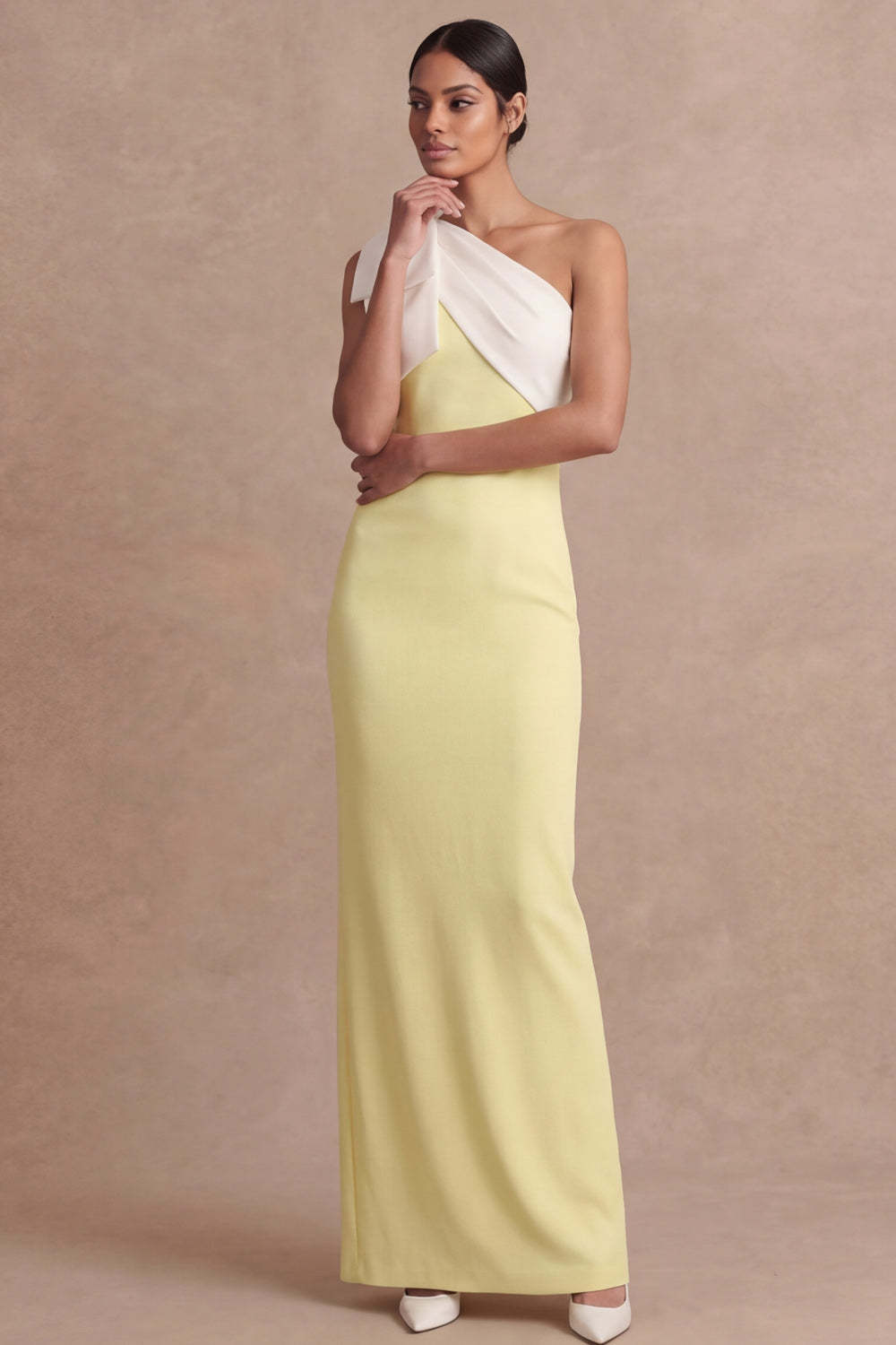 Light Yellow Sheath One Shoulder Long Wedding Guest Dress with Bow