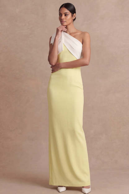 Light Yellow Sheath One Shoulder Long Wedding Guest Dress with Bow
