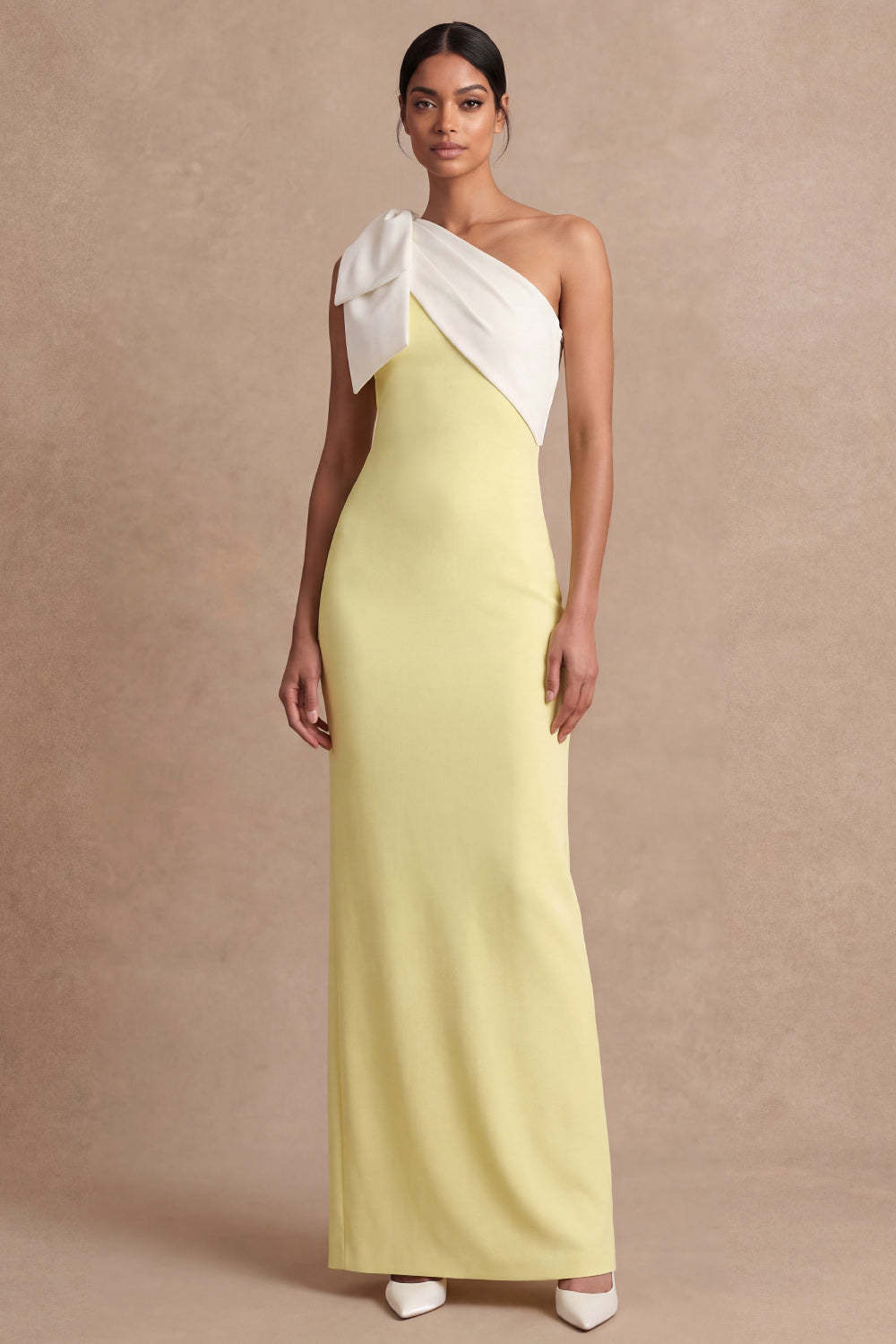 Light Yellow Sheath One Shoulder Long Wedding Guest Dress with Bow