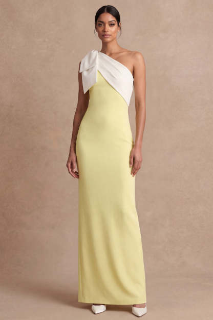Light Yellow Sheath One Shoulder Long Wedding Guest Dress with Bow
