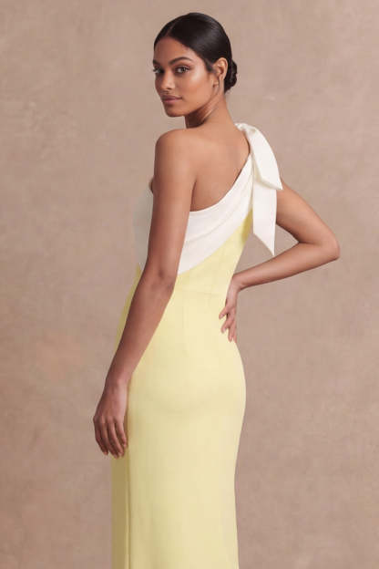 Light Yellow Sheath One Shoulder Long Wedding Guest Dress with Bow