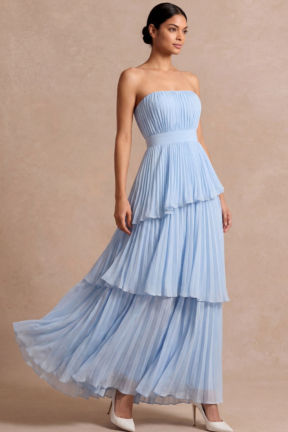 Leely Women Light Blue A Line Long Wedding Guest Dress Strapless Pleated Tiered Sleeveless Bridesmaid Dress