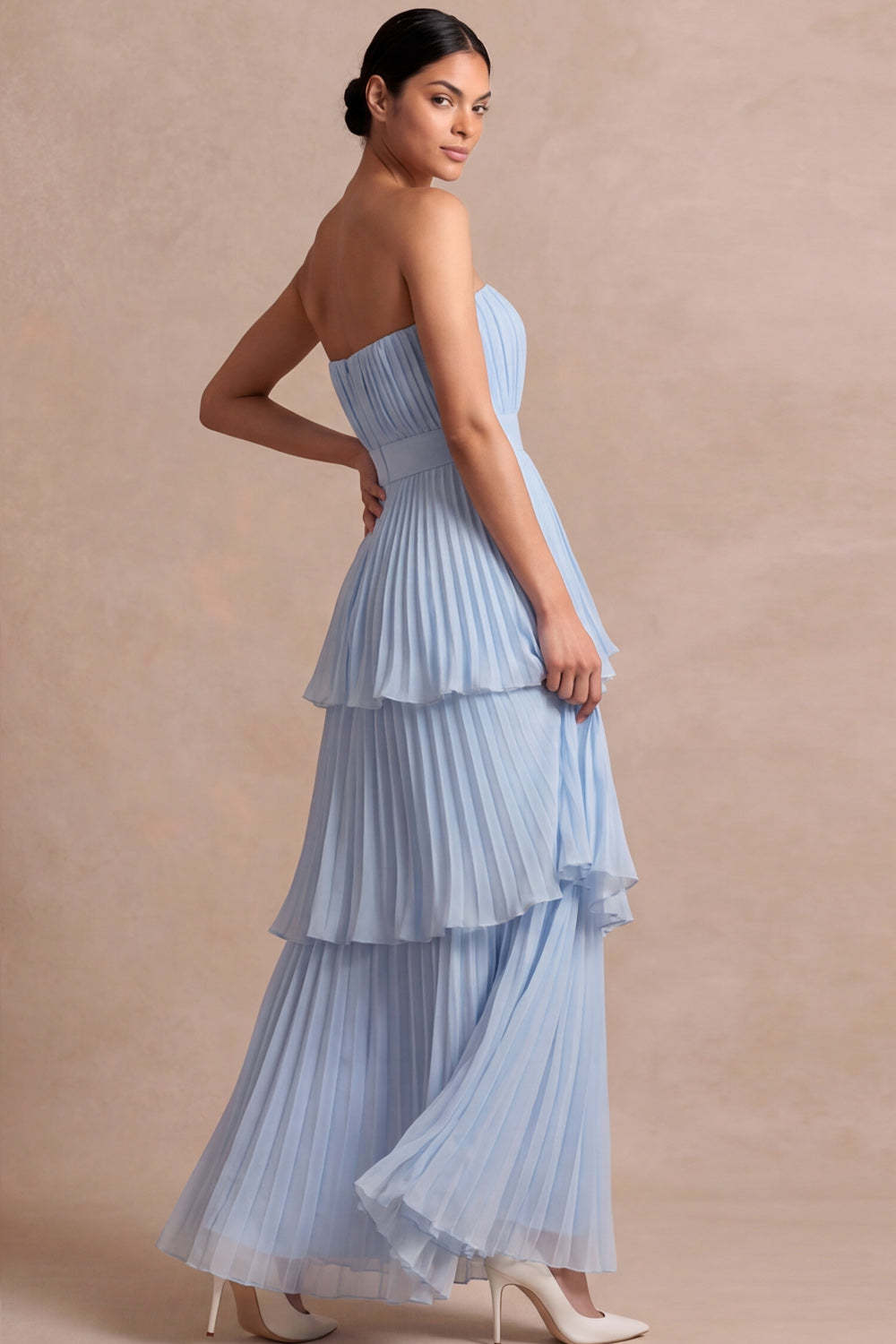Light Blue Strapless A Line Tiered Long Wedding Guest Dress