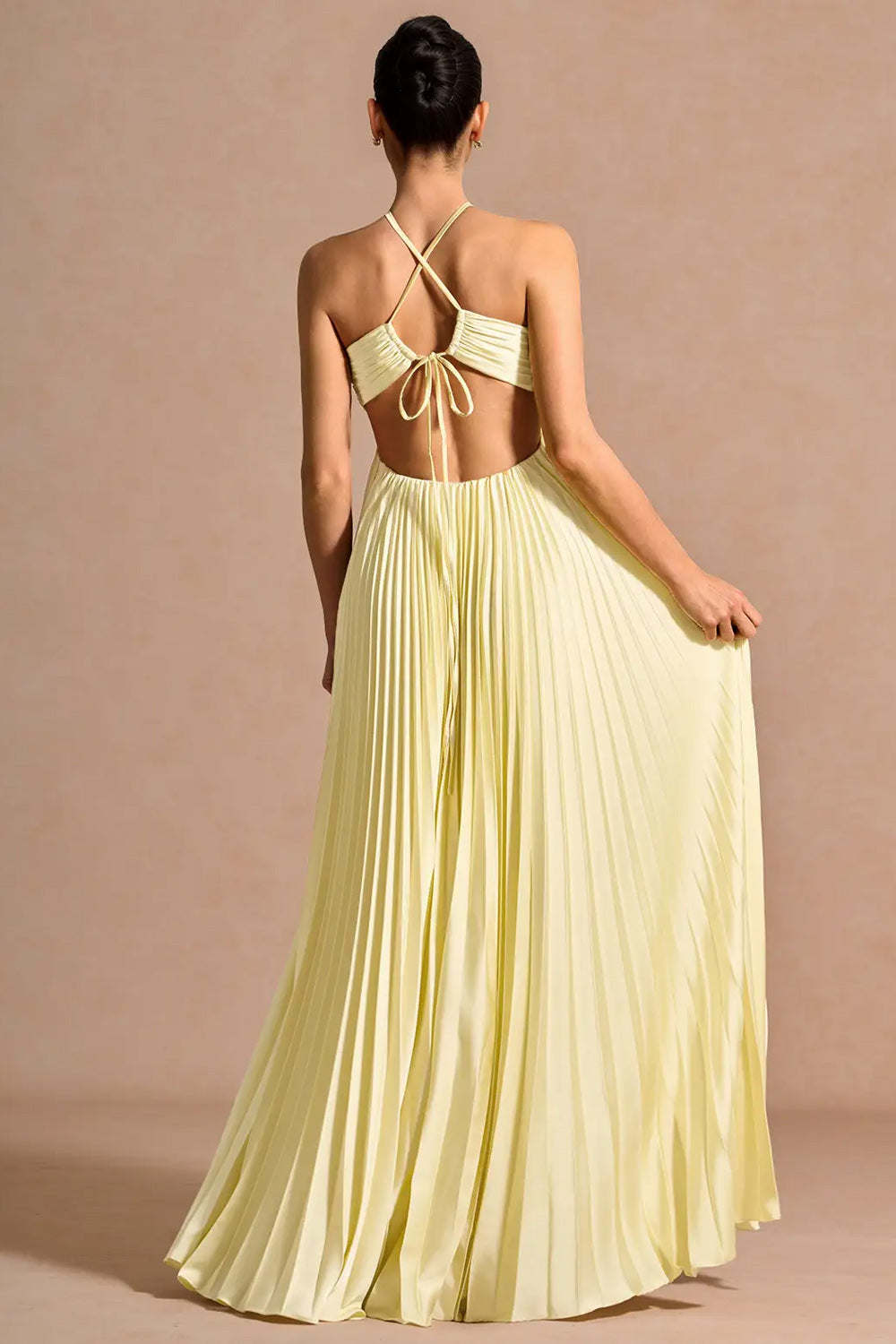 Light Yellow Cross Halter A Line Pleated Long Summer Wedding Guest Dress