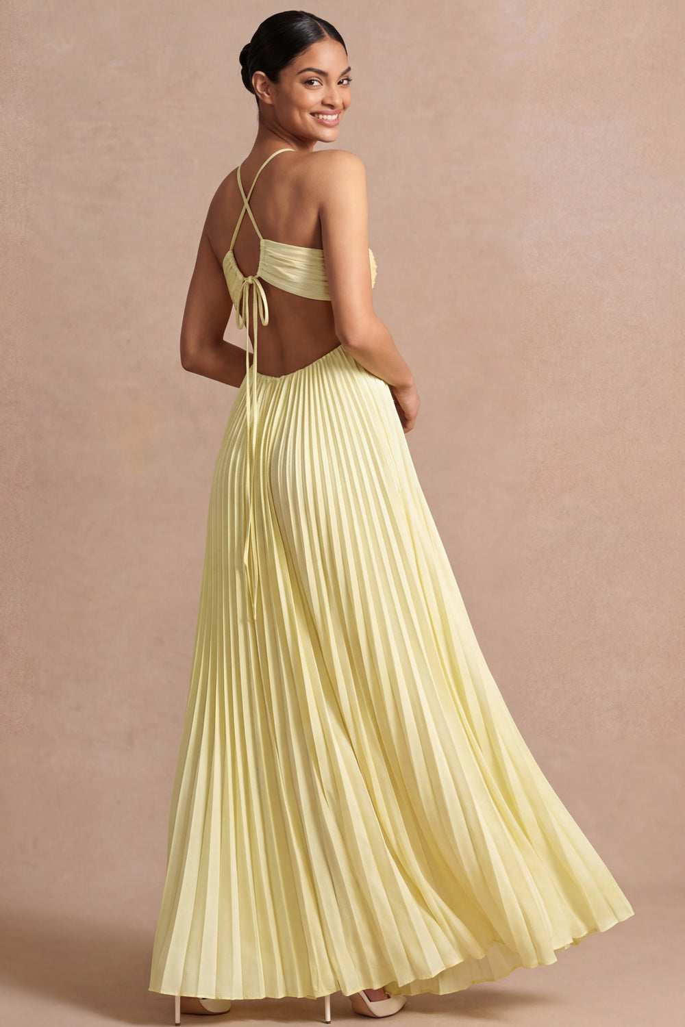 Light Yellow Cross Halter A Line Pleated Long Summer Wedding Guest Dress