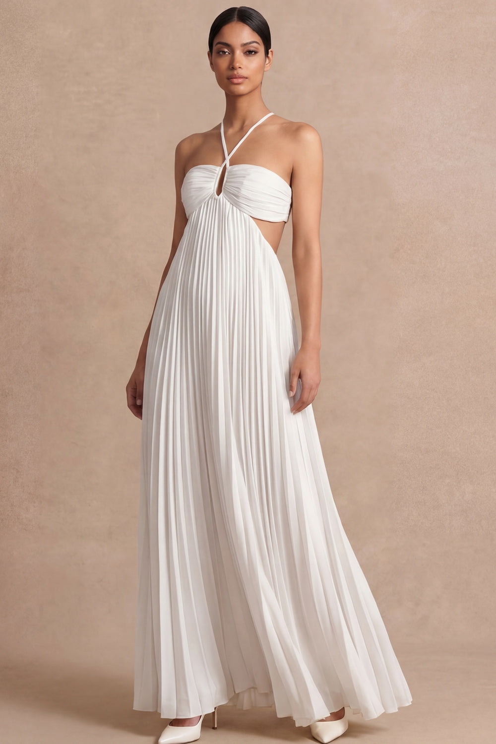 White Cross Halter A Line Pleated Long Wedding Reception Dress