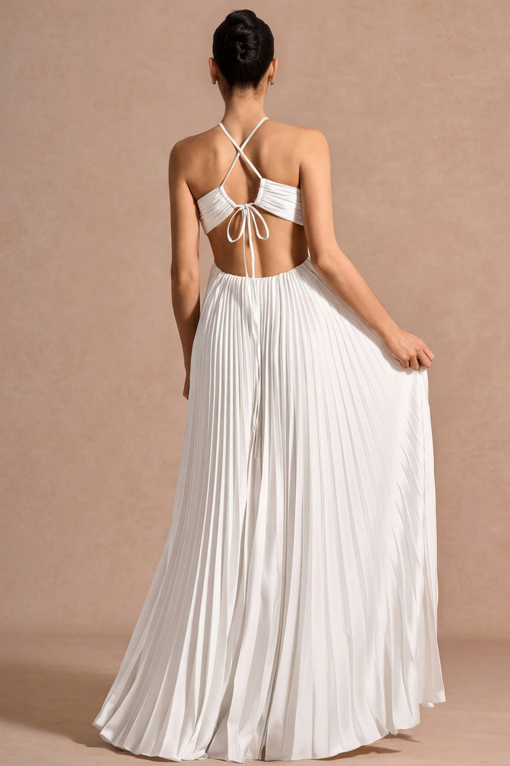 White Cross Halter A Line Pleated Long Wedding Reception Dress
