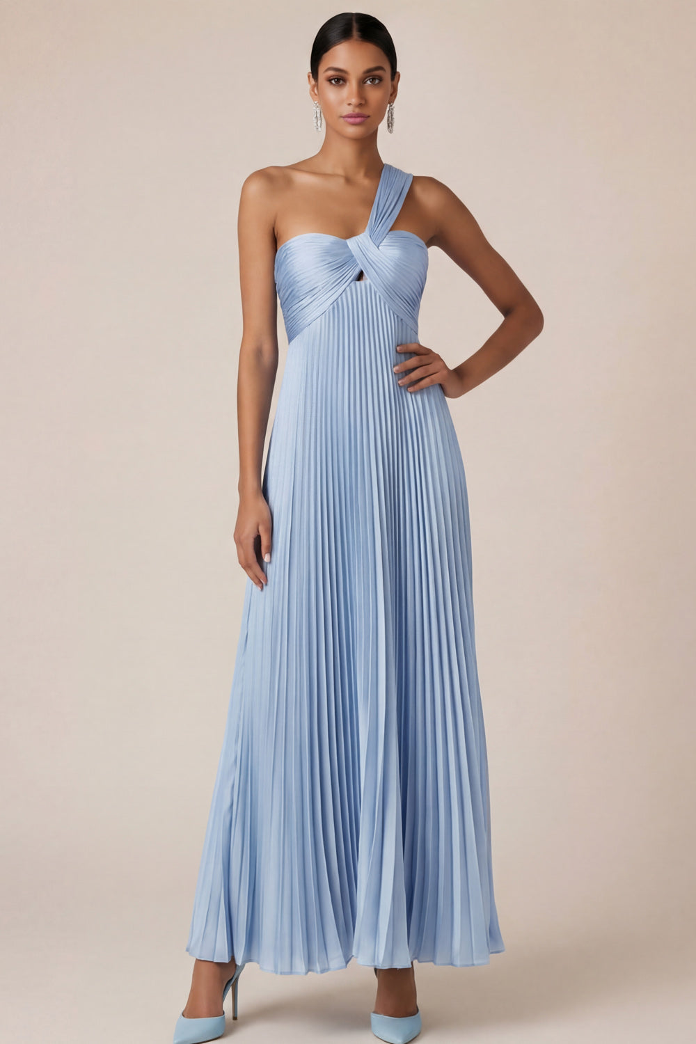 Leely Women Light Blue A Line Long Wedding Guest Dress One Shoulder Empire Waist Pleated Sleeveless Bridesmaid Dress