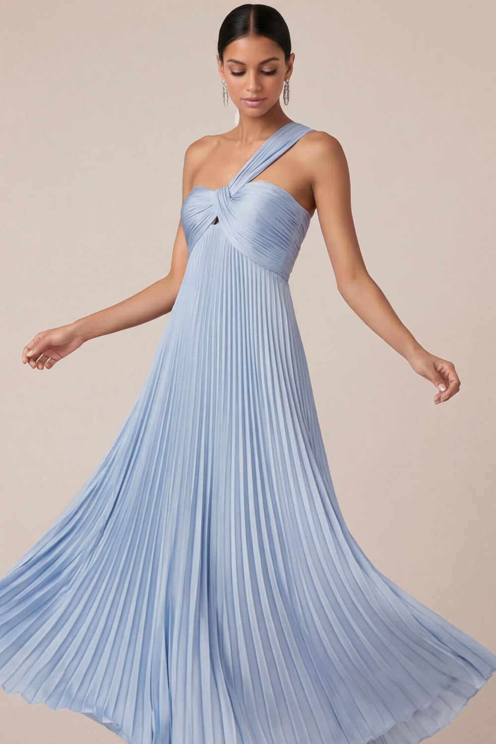 Light Blue One Shoulder A Line Empire Waist Pleated Long Wedding Guest Dress