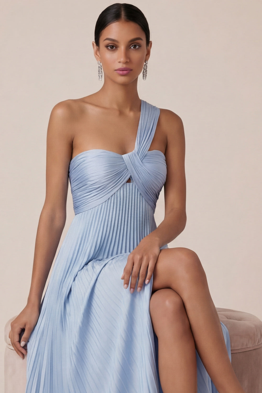 Light Blue One Shoulder A Line Empire Waist Pleated Long Wedding Guest Dress