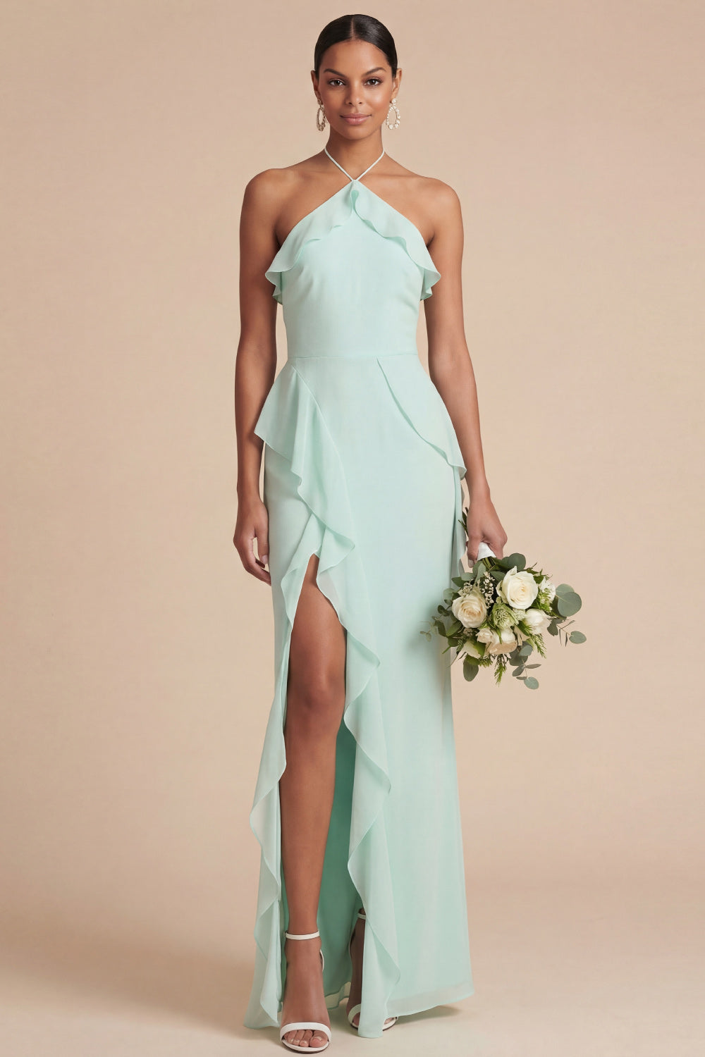 Sage Green Halter Ruffled Chiffon Long Wedding Guest Dress with Slit