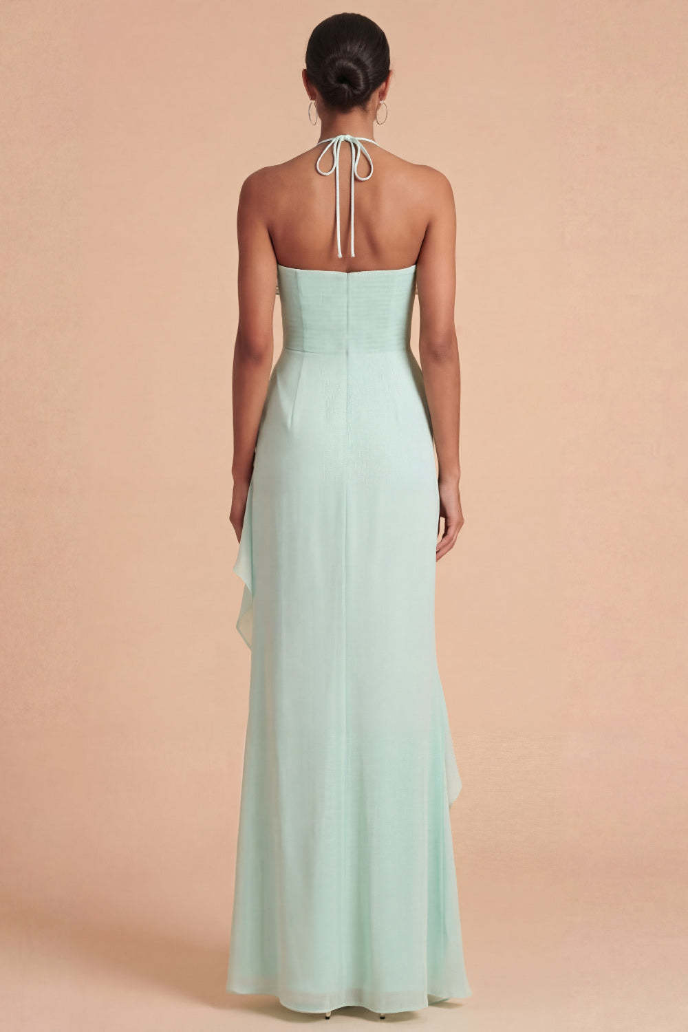 Sage Green Halter Ruffled Chiffon Long Wedding Guest Dress with Slit