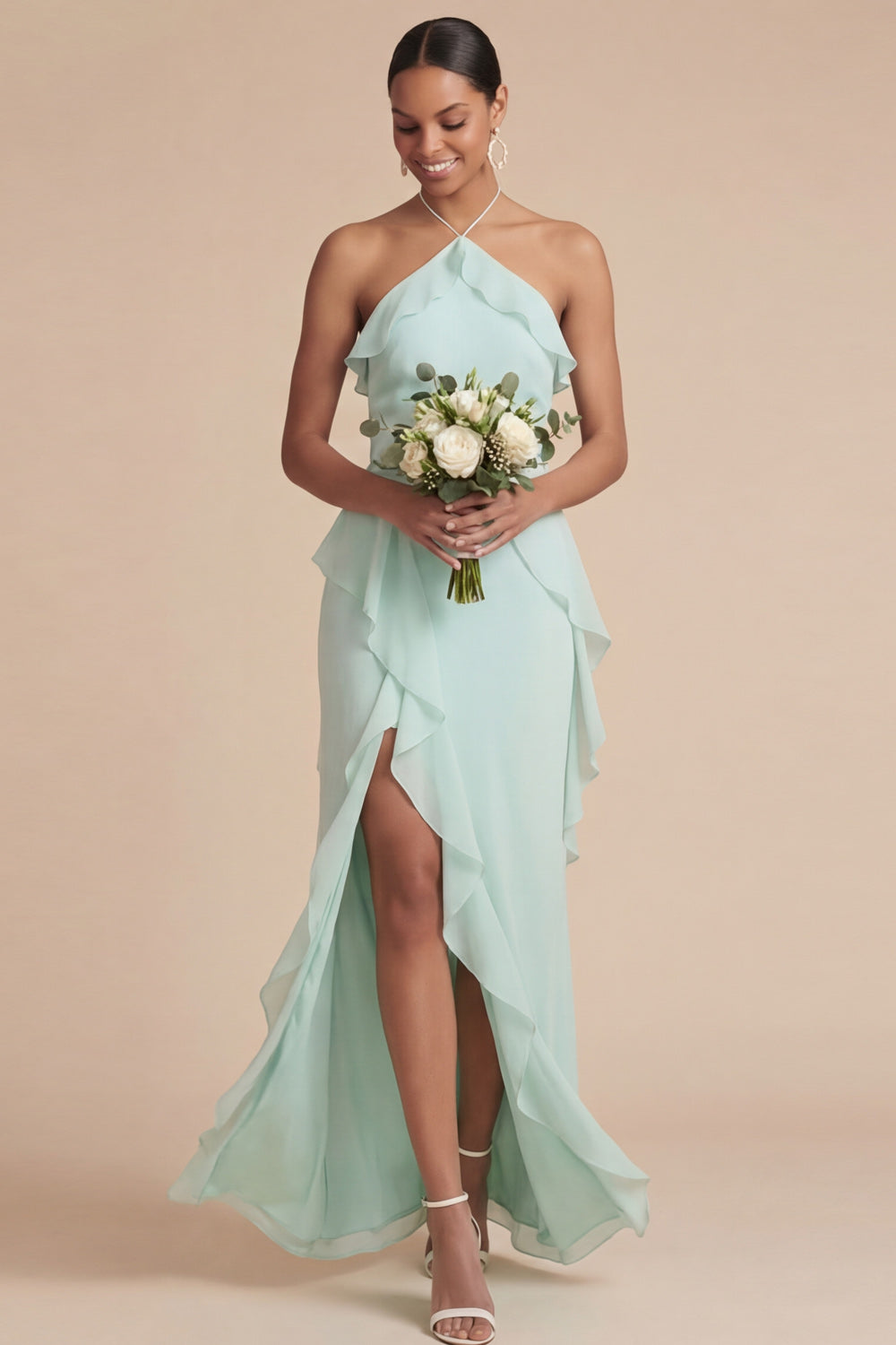 Sage Green Halter Ruffled Chiffon Long Wedding Guest Dress with Slit