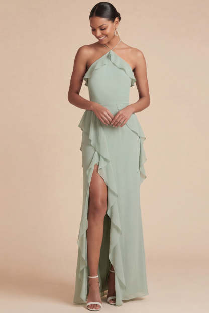 Leely Women Sage Green Chiffon Long Mermaid Wedding Guest Dress with Slit Ruffled Halter Backless Sleeveless Bridesmaid Dress