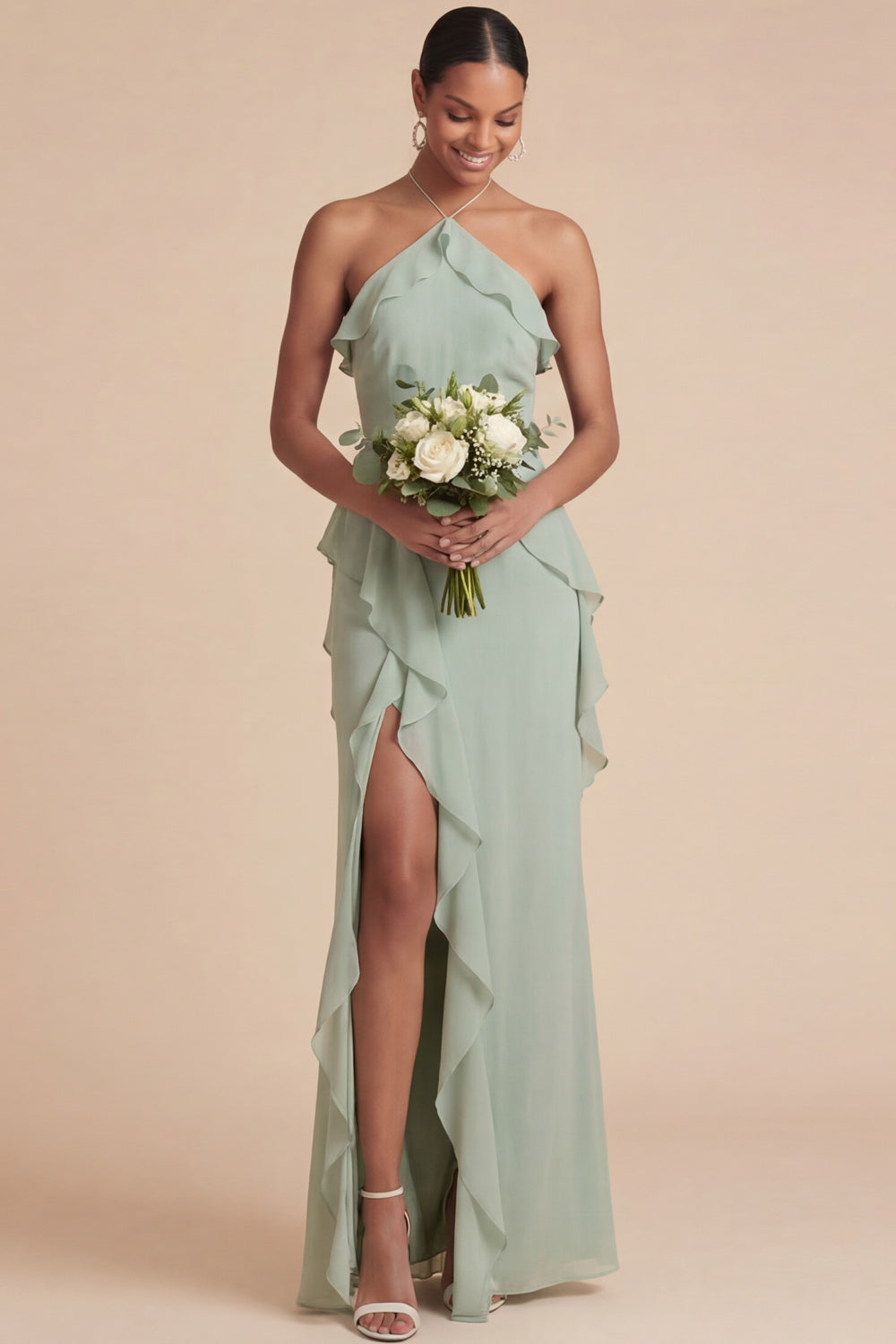 Sage Green Halter Ruffled Chiffon Long Wedding Guest Dress with Slit