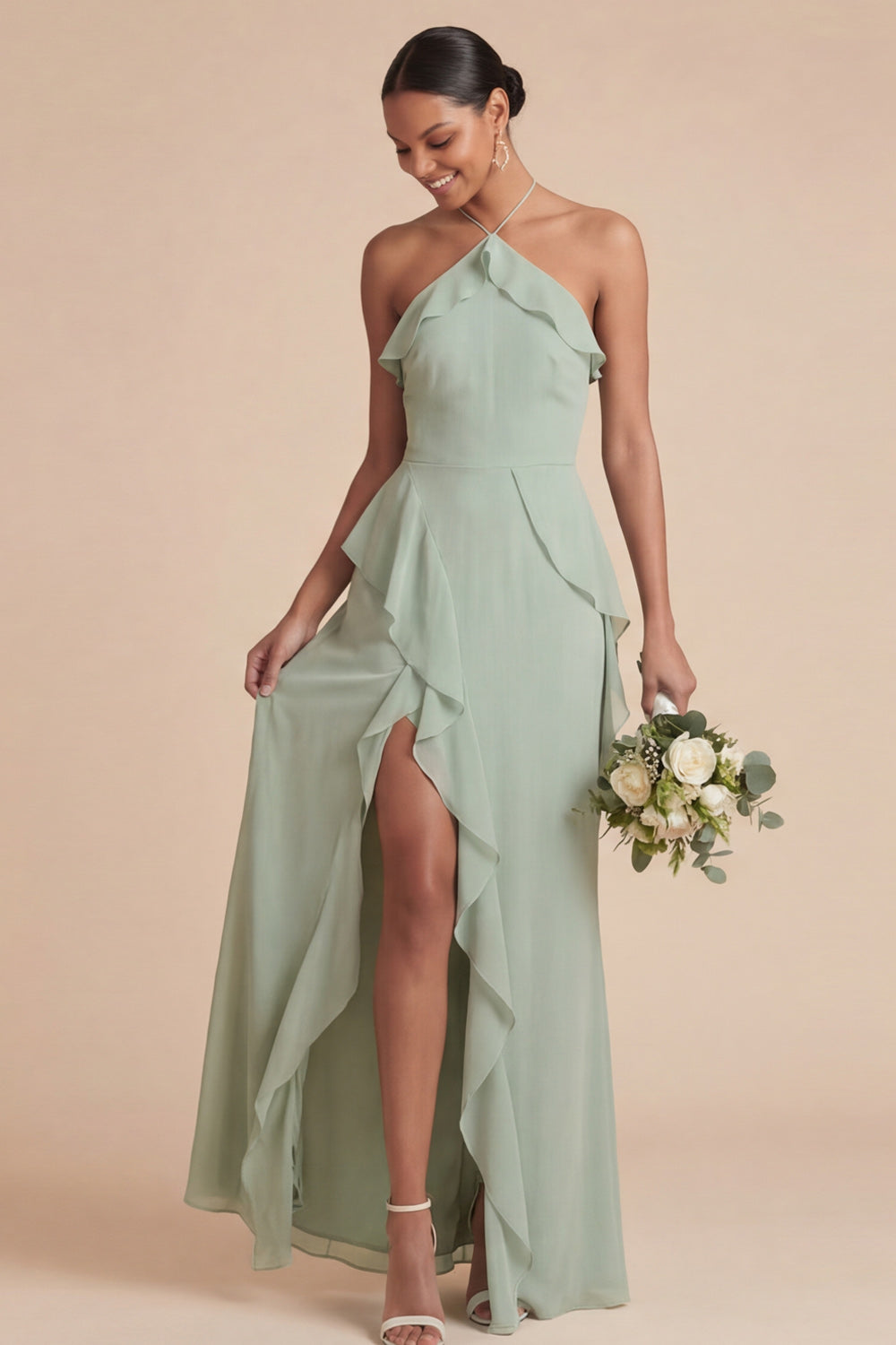 Sage Green Halter Ruffled Chiffon Long Wedding Guest Dress with Slit