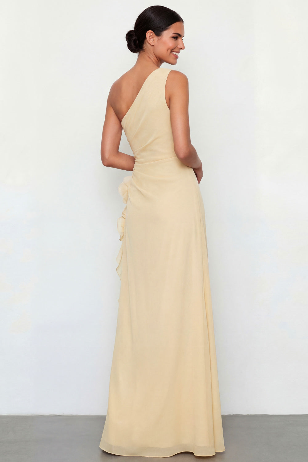 Light Yellow Ruched One Shoulder Long Wedding Guest Dress with Ruffles