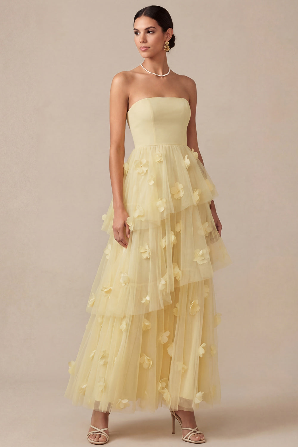 Leely Women Light Yellow A Line Strapless Long Wedding Guest Dress Appliqued Tiered Backless Formal Dress