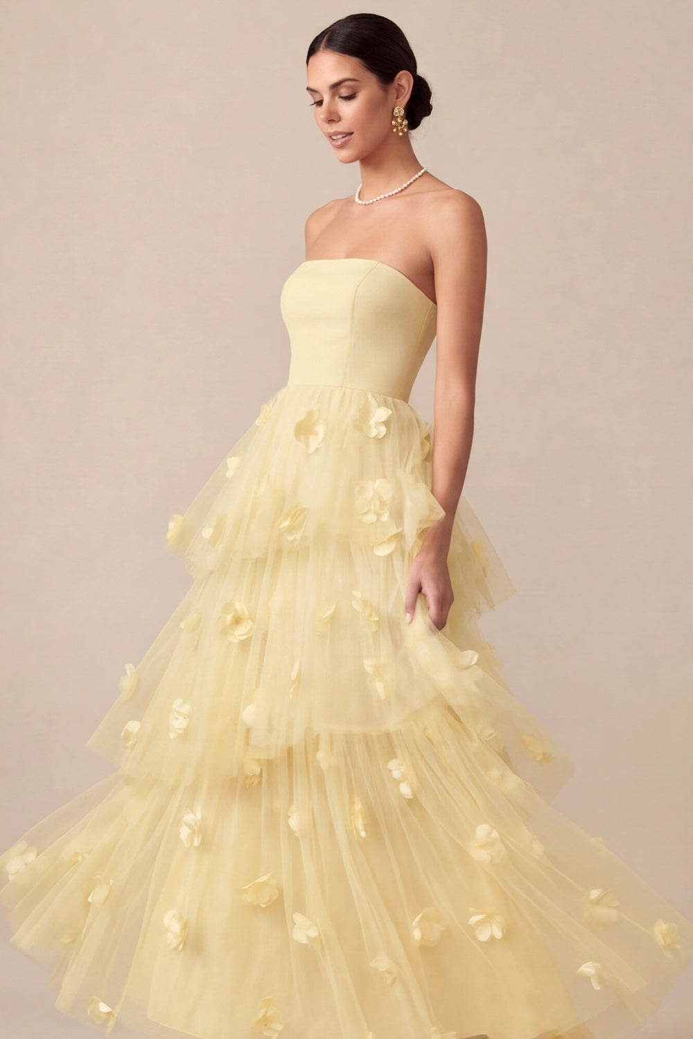 Light Yellow A Line Strapless Long Wedding Guest Dress