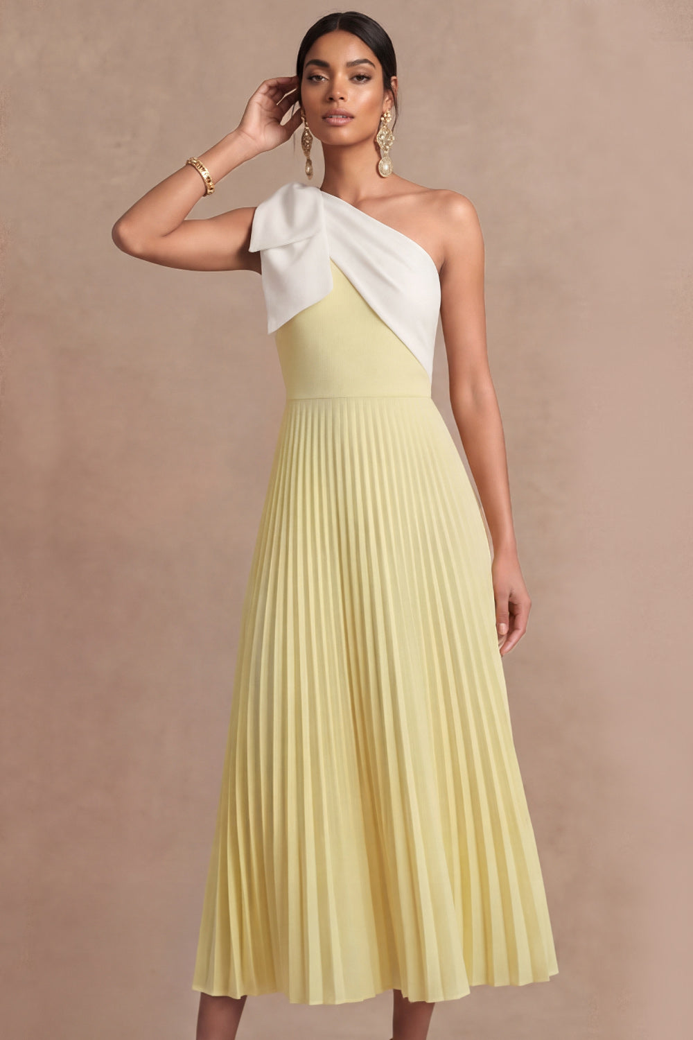 One Shoulder Light Yellow Pleated Long Wedding Guest Dress