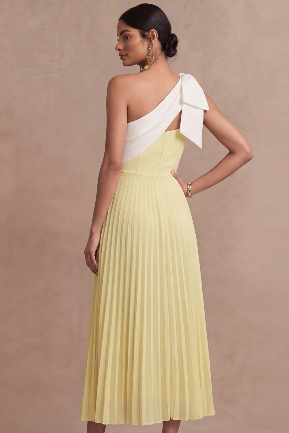 One Shoulder Light Yellow Pleated Long Wedding Guest Dress