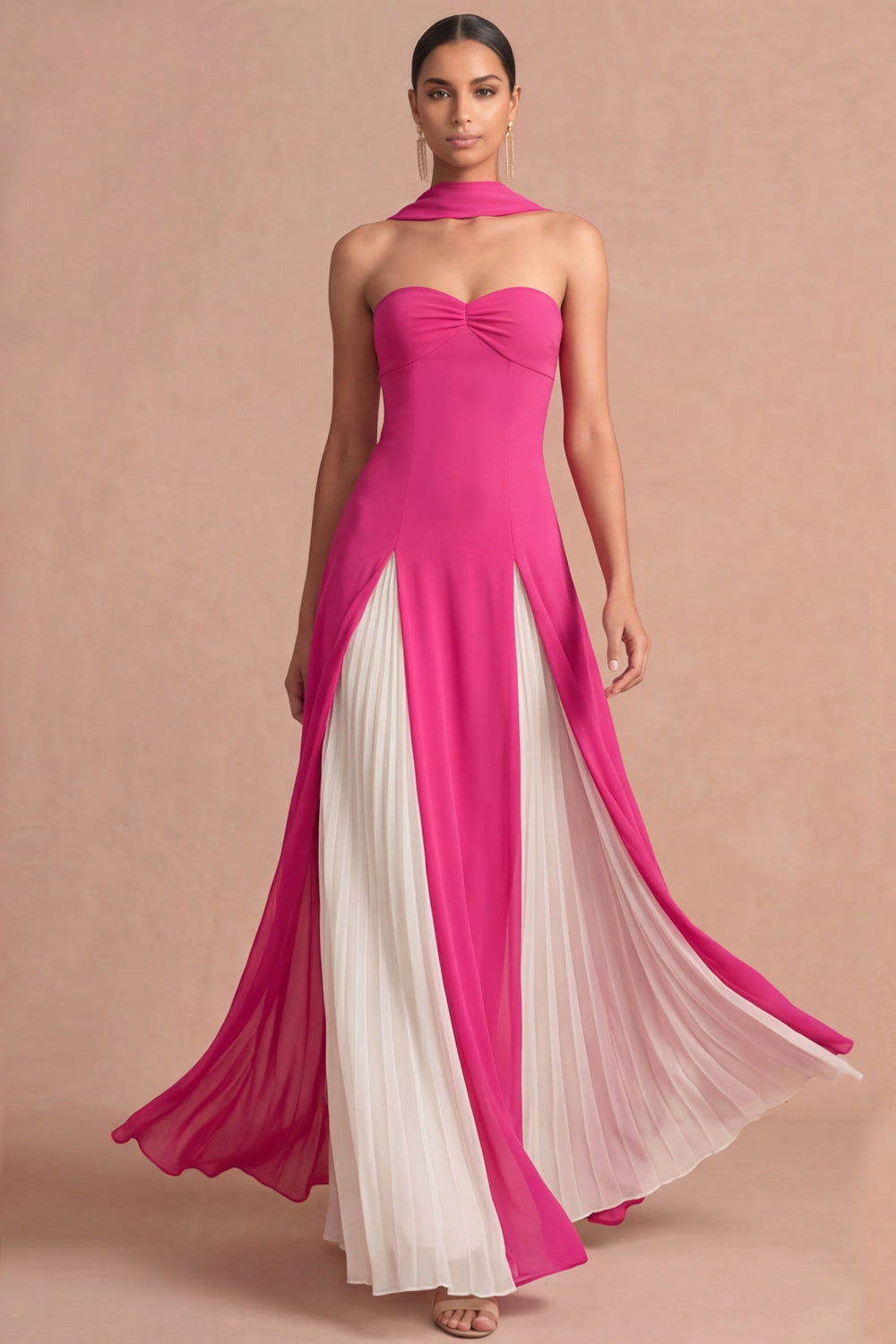 Pleated Fuchsia A Line Strapless Long Wedding Guest Dress