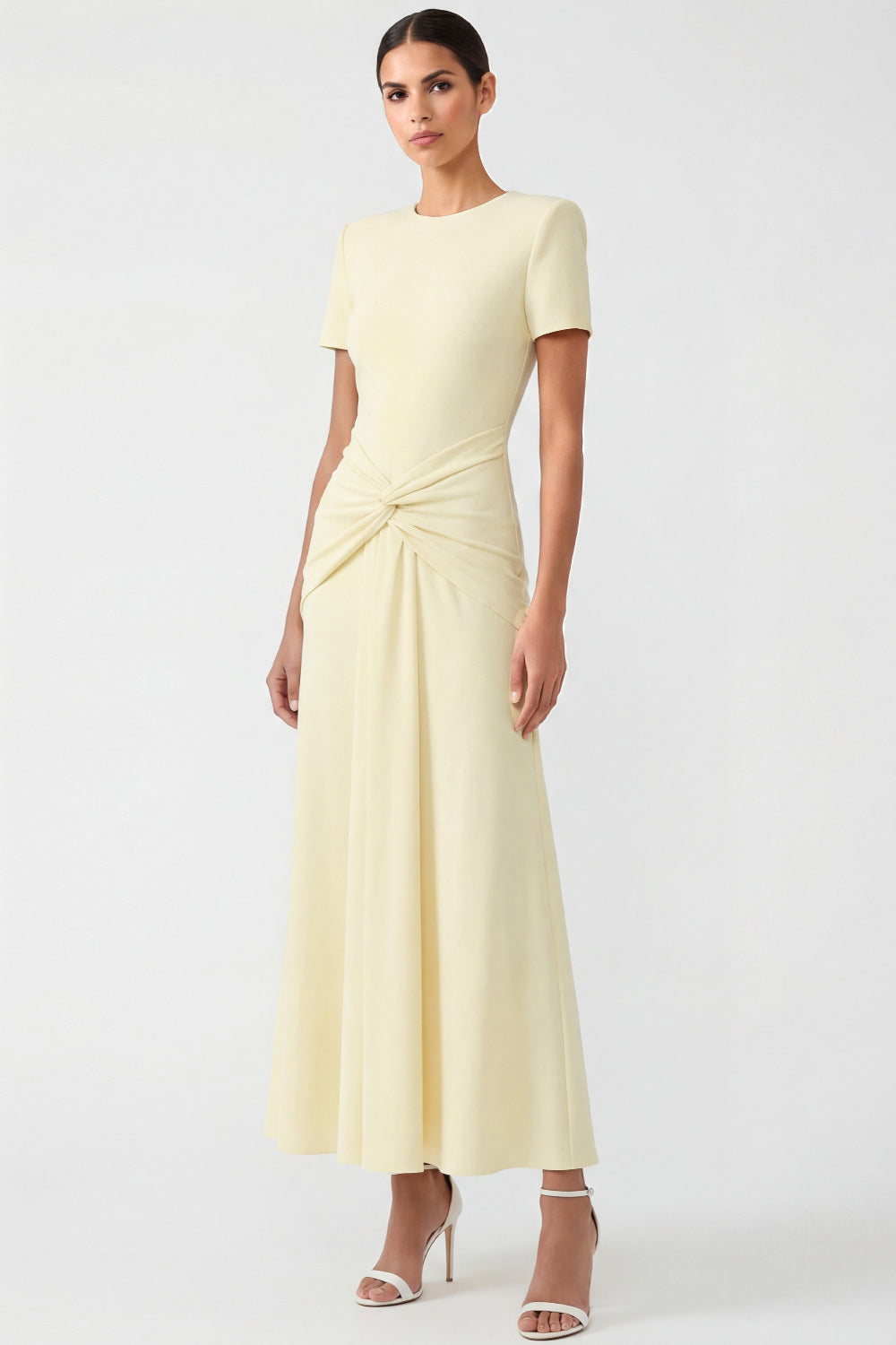 Light Yellow Short Sleeves Ruched Long Formal Dress